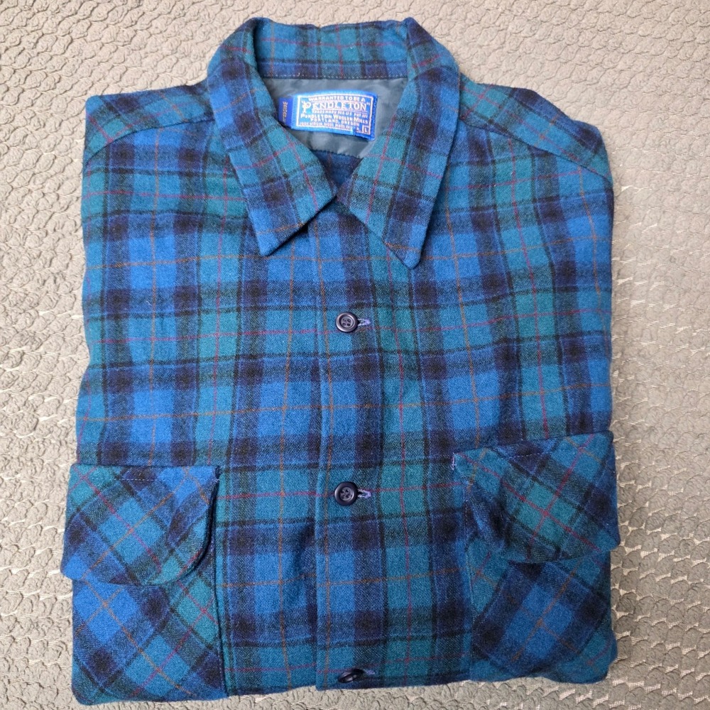 Pendleton Flannel Shirt Large Blue Green Plaid 100% Wool USA Made Vintage